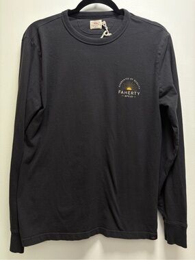 Faherty Long Sleeve Crew Tee in Charcoal with Yellow Logo